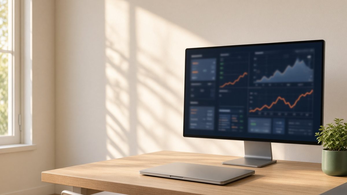 A tidy timber desk in morning light with a closed laptop and a monitor showing an operations dashboard