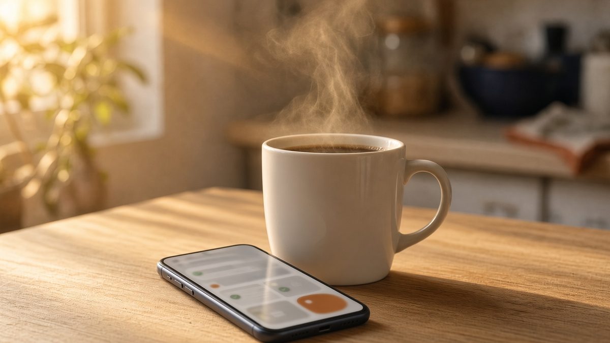 A phone showing a morning report next to a steaming cup of coffee on a kitchen bench at sunrise