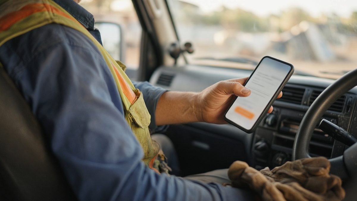 A tradie in high vis sitting in the driver's seat of a ute, reviewing a quote on a phone
