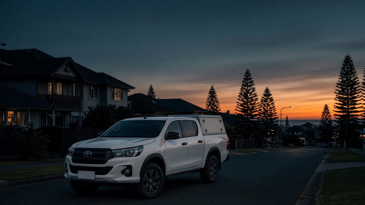 A tradesman's white ute with a canopy parked on a quiet coastal street at dusk, toolboxes closed for the day