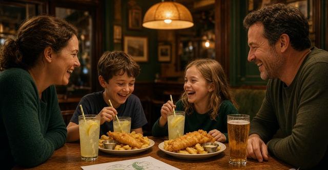 A family laughing over fish and chips and lemonades