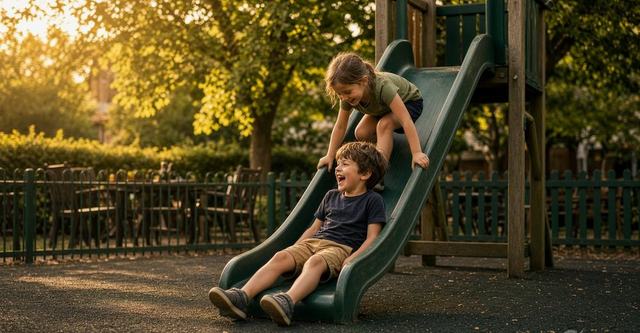 Kids laughing on the playground slide